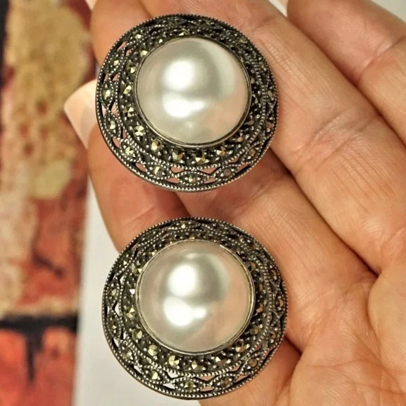 Judith Jack Sterling w/Marcasite and Faux Pearl Earrings - Picture 7 of 11